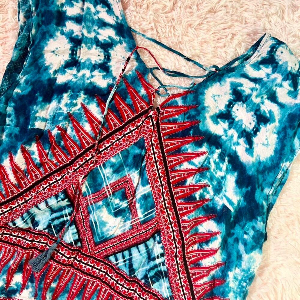 Vintage American‎ Blues Tie Dye Boho Hippie Indie Patchouli Natural Tie Back Top - Picture 4 of 5